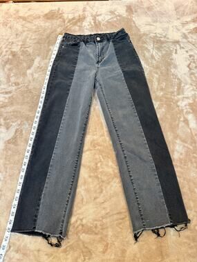 Almost Famous Colorblock Wide Leg Jeans High Rise Raw Hem Stretch Denim